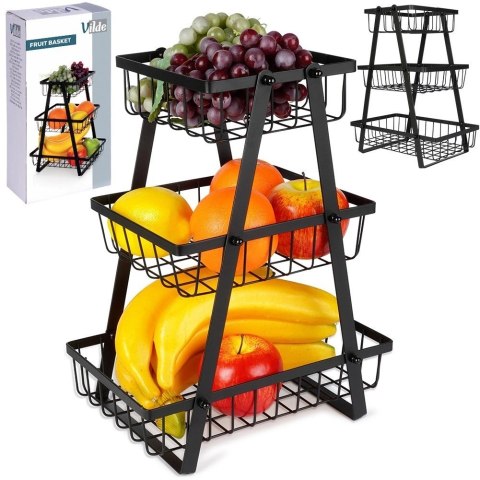 Koszyk na Owoce Warzywa 3 Poziomy Metalowy Czarny 28 x 17,5 x 34,5 cm VILDE