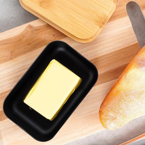 Maselniczka Stalowa Czarna z Pokrywką Bambusową 14,5 x 9,5 x 7,5 cm VILDE