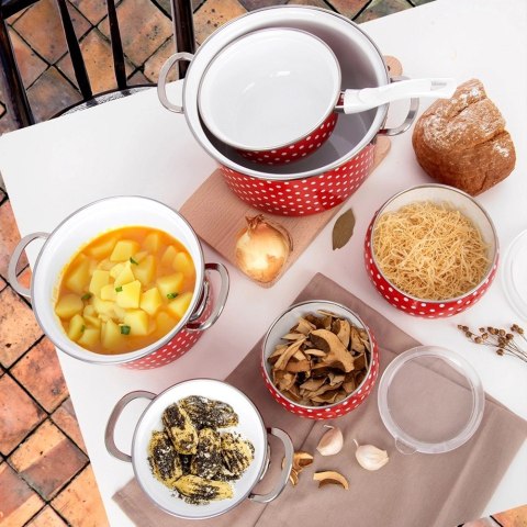 Miska Emaliowana TECKA 1 L z Pokrywką Czerwony Groszek do Zmywarki ORION