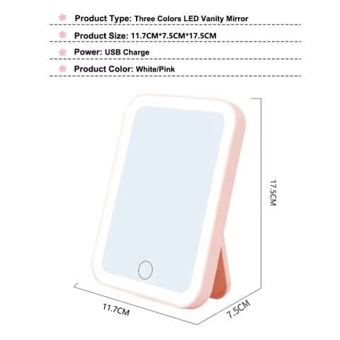 3-kolorowe lusterko kosmetyczne LED z ekranem dotykowym, ładowane przez USB, ściemniane lusterko do makijażu 3 jasności, przenośne