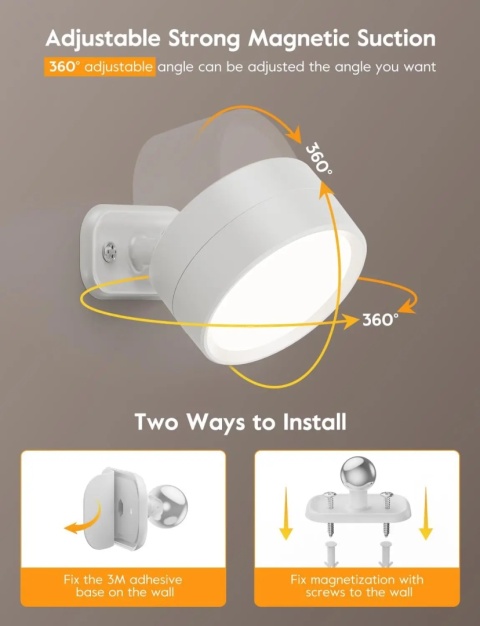 Magnetyczne kinkiety ścienne LED, ładowalne, ściemnialne lampy ścienne z pilotem, 360 °   Obrotowa lampa ścienna do sypialni