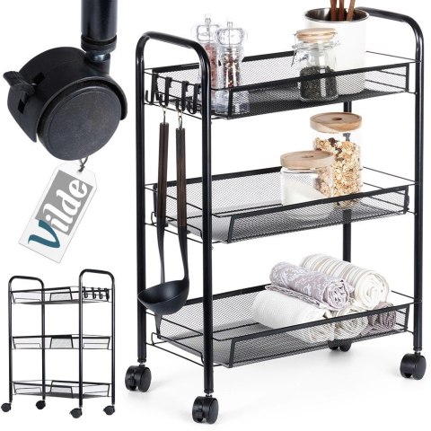 Półka Regał na Kółkach 3 Poziomowy Metal Czarny 44 x 26 x 63 cm VILDE