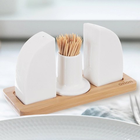 Zestaw Solniczka Pieprzniczka Porcelanowa Biała ze Stojakiem ORION 4 el.