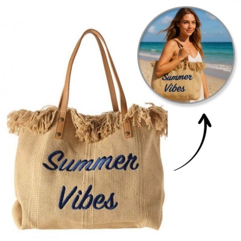 TORBA PLAŻOWA , na zakupy duża i pojemna z frędzlami BOHO, brąz TP11BR