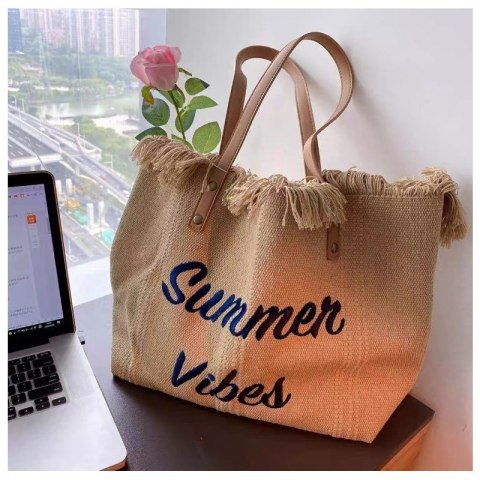 TORBA PLAŻOWA , na zakupy duża i pojemna z frędzlami BOHO, brąz TP11BR