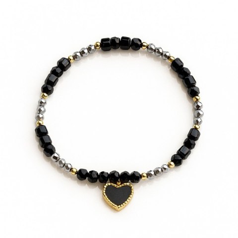 Bransoletka na rękę stal chirurgiczna pozłacana 14k złotem, czarne Serce, na gumce BST1566