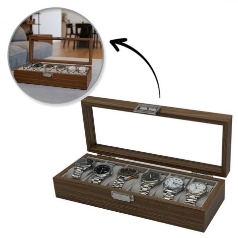 Szkatułka na 6 zegarków, etui, organizer zamykany ze szkłem 31x12x7,5cm PDMDF04