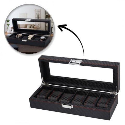 Szkatułka pudełko na zegarki 6szt, etui, Karbon czarny, czerwone przeszycia, szkło PD59