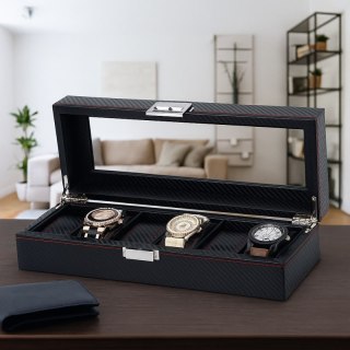 Szkatułka pudełko na zegarki 6szt, etui, Karbon czarny, czerwone przeszycia, szkło PD59