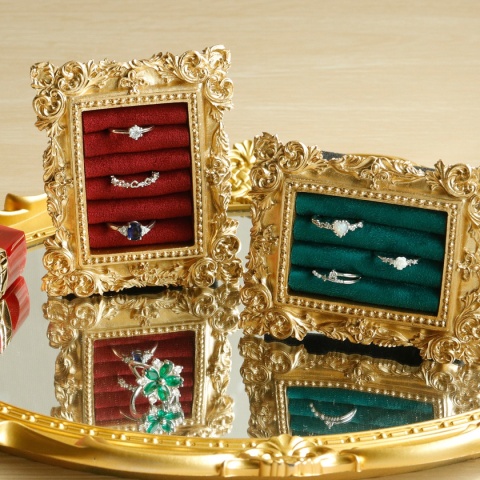 Stojak na pierścionki w stylu vintage, złoty, zamszowa taca na kolczyki, barokowy design, prezenty ślubne i urodzinowe