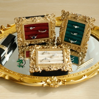 Stojak na pierścionki w stylu vintage, złoty, zamszowa taca na kolczyki, barokowy design, prezenty ślubne i urodzinowe,