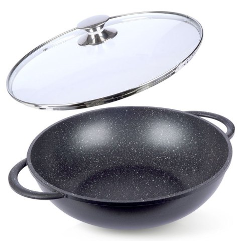 Patelnia Wok Granitowa Głęboka ze Szklaną Pokrywką Gaz Indukcja ORION 32 cm