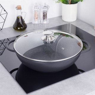 Patelnia Wok Granitowa Głęboka ze Szklaną Pokrywką Gaz Indukcja ORION 32 cm