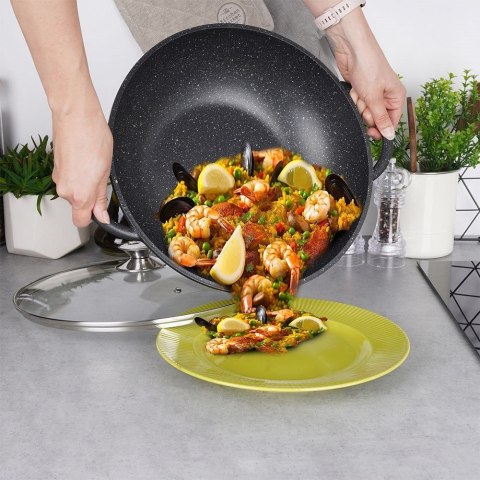 Patelnia Wok Granitowa Głęboka ze Szklaną Pokrywką Gaz Indukcja ORION 32 cm