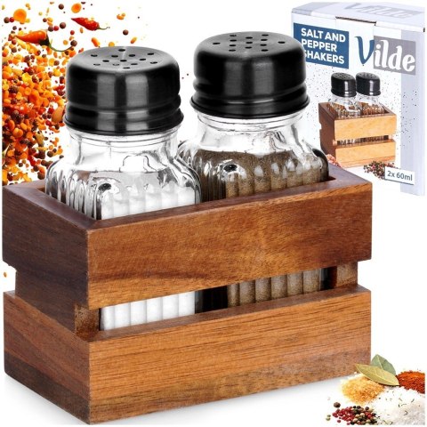 Solniczka Pieprzniczka Ryflowana Drewniany Stojak Brąz 60 ml VILDE