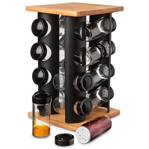 Stojak na Przyprawy Obrotowy BLACK Czarny Metal Drewno 16 Słoików ORION