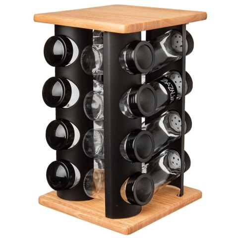 Stojak na Przyprawy Obrotowy BLACK Czarny Metal Drewno 16 Słoików ORION