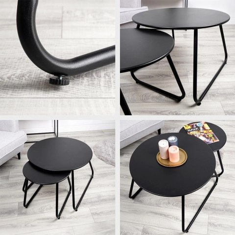 Stolik Kawowy Zestaw Metalowy Czarny 2 szt. Gniazdowy AMBIANCE