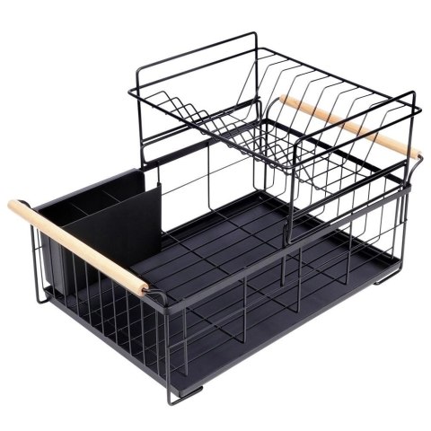 Suszarka do Naczyń 2-Poziomowa LOFT Czarna z Bambusowymi Uchwytami VILDE