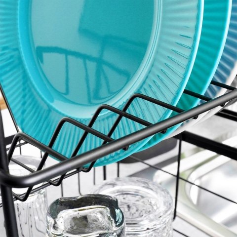 Suszarka do Naczyń 2-Poziomowa LOFT Czarna z Bambusowymi Uchwytami VILDE