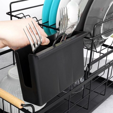 Suszarka do Naczyń 2-Poziomowa LOFT Czarna z Bambusowymi Uchwytami VILDE