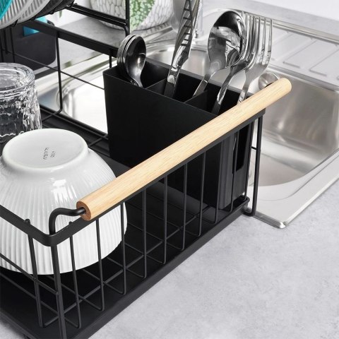 Suszarka do Naczyń 2-Poziomowa LOFT Czarna z Bambusowymi Uchwytami VILDE