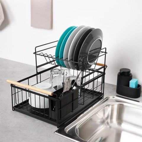 Suszarka do Naczyń 2-Poziomowa LOFT Czarna z Bambusowymi Uchwytami VILDE