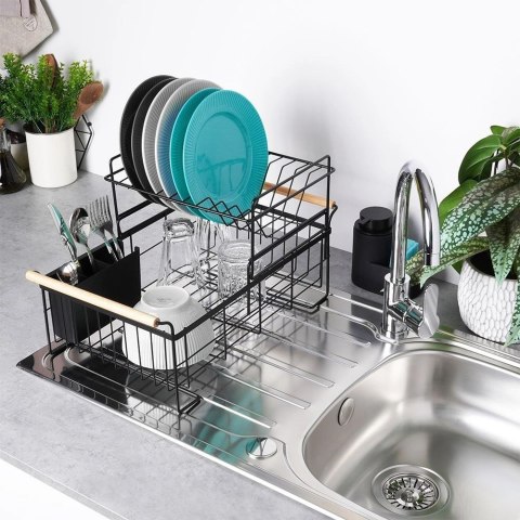 Suszarka do Naczyń 2-Poziomowa LOFT Czarna z Bambusowymi Uchwytami VILDE