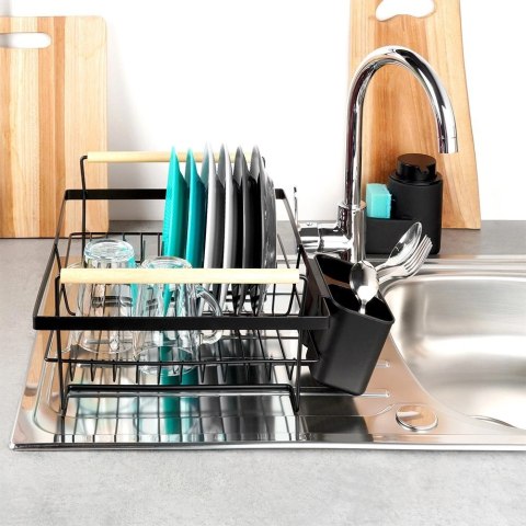 Suszarka na Naczynia Czarna Metal z Drewnianymi Uchwytami 45 cm VILDE