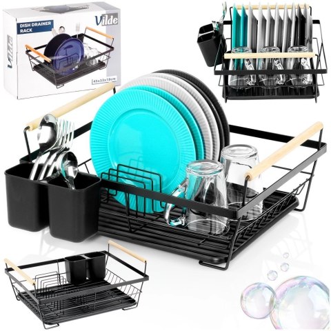 Suszarka na Naczynia Czarna Metal z Drewnianymi Uchwytami 45 cm VILDE