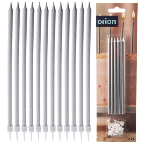 Świeczki do Tortu Długie 12 szt. 14,5 cm ORION Srebrne z Podstawkami