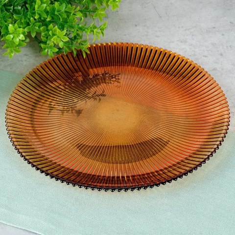 Talerz Deserowy Szklany Bursztynowy 21 cm VILDE Wzór Promienie
