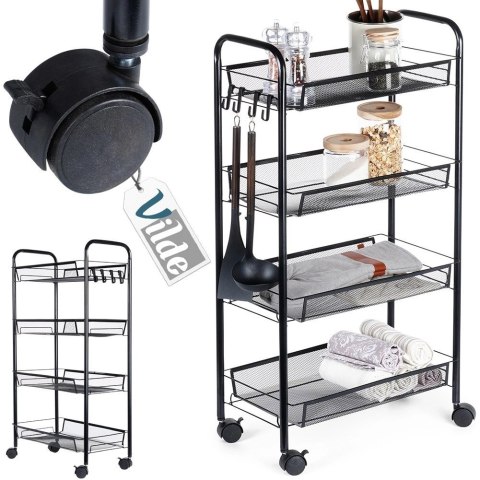 Wózek Półka Regał 4-Poziomowy VILDE Metalowy na Kółkach Czarny Loft