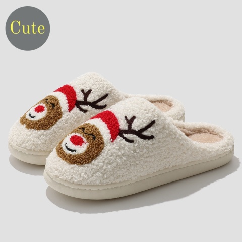 Świąteczne damskie ciepłe kapcie męskie urocze klapki z haftem Świętego Mikołaja dla par futrzane sandały rodzinne pluszowe buty