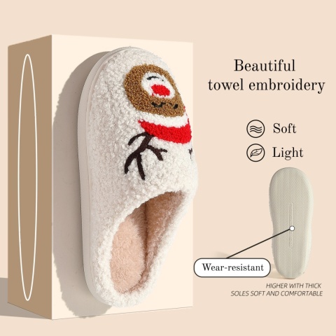 Świąteczne damskie ciepłe kapcie męskie urocze klapki z haftem Świętego Mikołaja dla par futrzane sandały rodzinne pluszowe buty