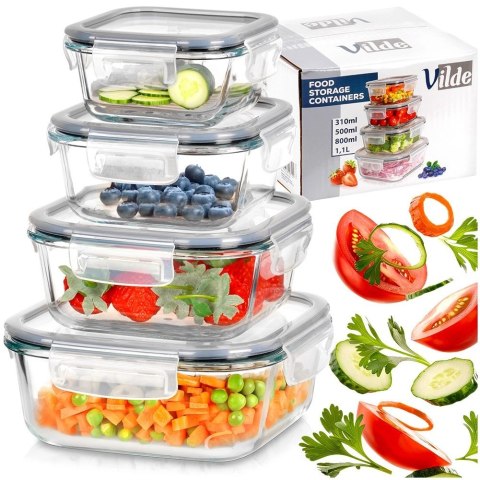 Zestaw 4 Pojemników Szklanych Kwadrat VILDE Szczelny Piekarnik Mrożenie