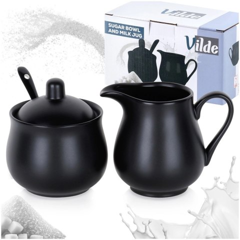Zestaw Cukierniczka i Mlecznik VILDE 3 el. Porcelana Czarna z Łyżeczką