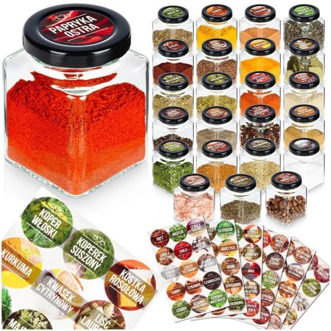 Zestaw Pojemników Słoiczków na Przyprawy Szklany +90 Naklejek VILDE 24 szt.