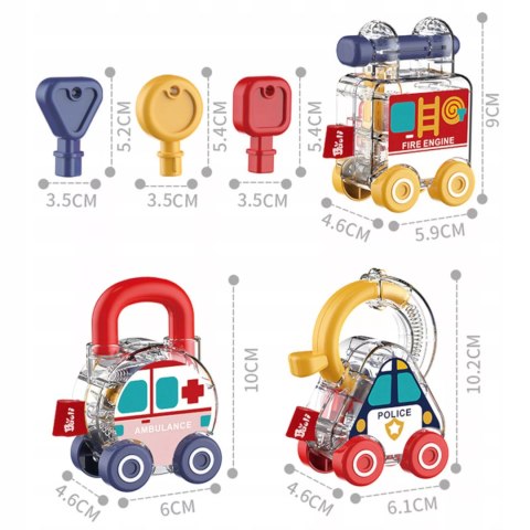 Zestaw 3 samochodzików Montessori kłódka klucze edukacyjna dla dzieci 18m+
