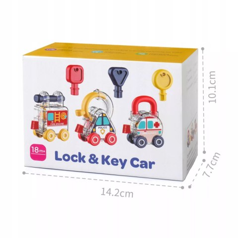 Zestaw 3 samochodzików Montessori kłódka klucze edukacyjna dla dzieci 18m+