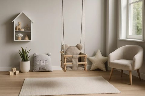 Huśtawka kubełkowa welurowa drewniana miś beżowa HWMB6436